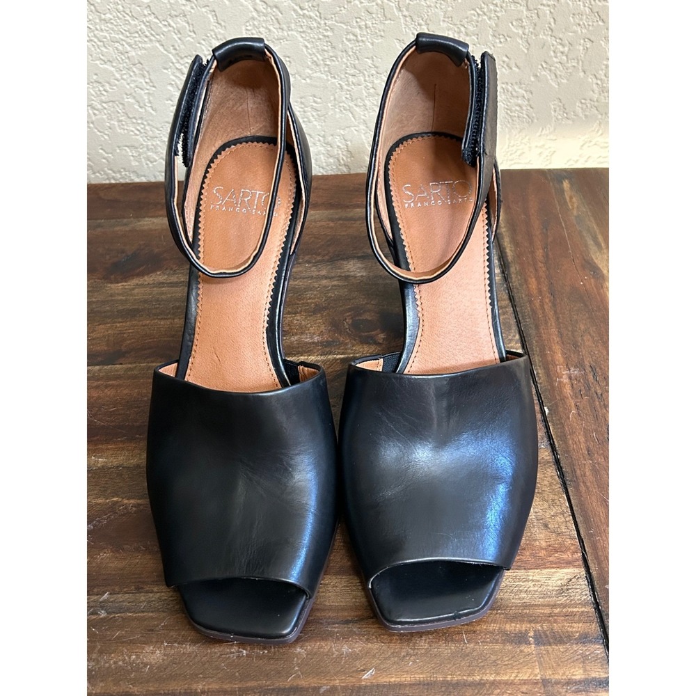Sarto Franco Sarto Black Leather Square Open Toe Cone Heel Ankle Strap Pumps‎